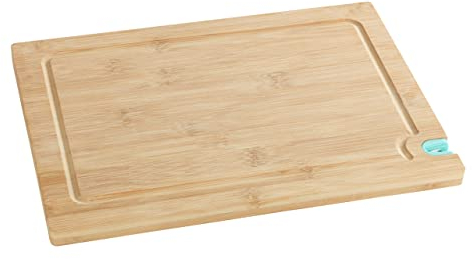 WENKO Planche à découper avec aiguiseur de couteaux M - Planche de cuisine, planche à découper avec rainure à jus, ménage la lame, Bambou, 33 x 1.5 x 23 cm, Marron