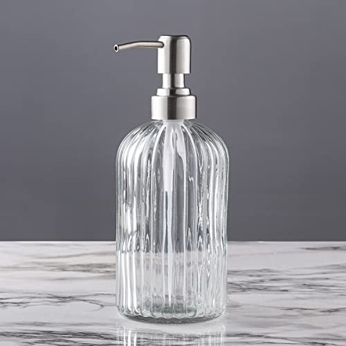 Easy-Tang Glass Hand Soap Dispenser Silver Pump Refillable Dish Shampoo Lotion Bottle with Brushed Bathroom Kitchen Decor 18 OZ