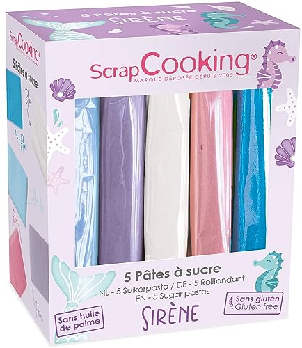 ScrapCooking - Lot de 5 Pâtes à Sucre Sirène - Bleu Clair, Parme, Blanc, Rose - 5 x 80 g - Pour Gâteaux Biscuits Décors Pâtisseries - Sans Gluten & Sans Huile de Palme - 7259