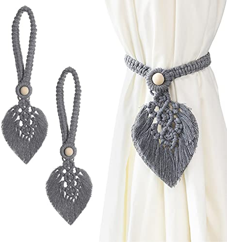 IVEOPPE 2 Stück Vorhang Raffhalter Boho Deko - Raffhalter Boho Vorhanghalter, Baumwolle Makramee Gardinenhalter Tiebacks Vorhang Clips Feder Gardinenklammern für Vorhänge Gardinen Deko (Grau)