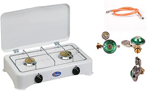 Parker Gaskocher Campingkocher 2 flammig 3,5 kW Schlauch 150 cm Regler 50 mBar Füllstandsanzeige integrierter SBS Schlauchbruchsicherung Kocher