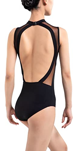 s.lemon Nackennetz Rückenfrei Gymnastik Trikots Ballett Tanz Trikots für Damen,mit BH Pad Schwarz 160