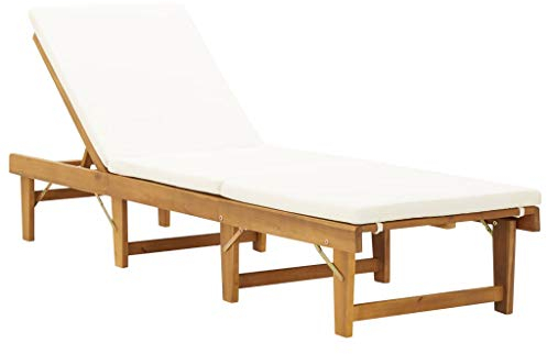 KOIECETA Akazienholz Massiv Sonnenliege mit Auflage Klappbar Gartenliege Liegestuhl Holzliege Saunaliege Gartenmöbel Liege Strandliege Cremeweiß