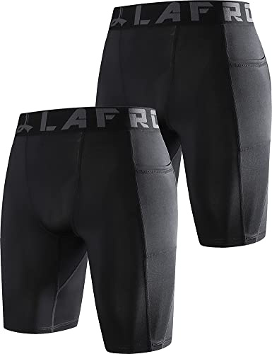LAFROI Men's 2-Pack Quick Dry Cool Compression Fit Tights Shorts Waistband -YSK09 Pocket Black x2,L