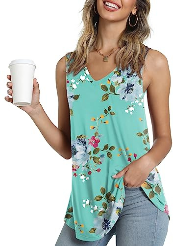 POPYOUNG Womens Summer Sleeveless Shirt with Leggings V Neck Flowy Tank Top Casual Loose Blouse 2XL,Mint Green
