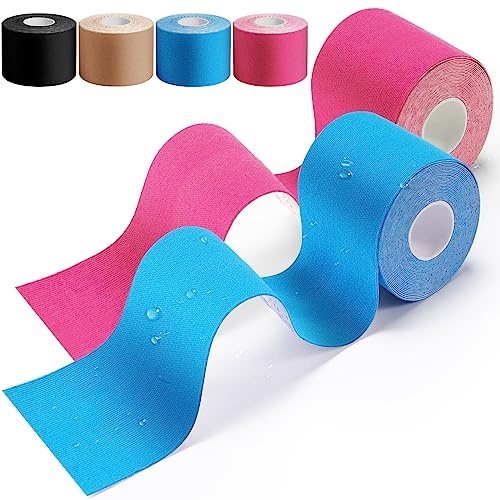 HONYAO Kinesiotape 2 Rollos, Cinta Kinesiología Tape 5cm x 5m, Impermeable Esparadrapo Deportivo, Elastica Neuromuscular Quinesiologica Fisioterapia Transpirable Kinesio Tape Vendaje, Azul Rosa