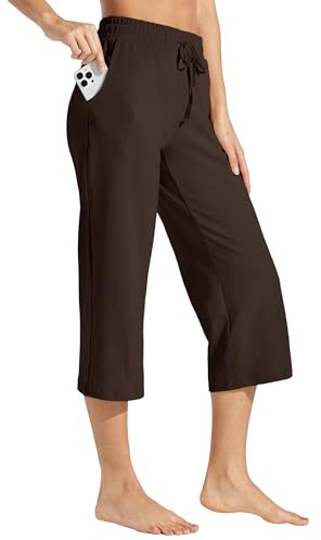 Willit Pantacourt de yoga en coton pour femme - Pantalon de yoga décontracté à jambes larges avec poches - 50,8 cm, café, XXL