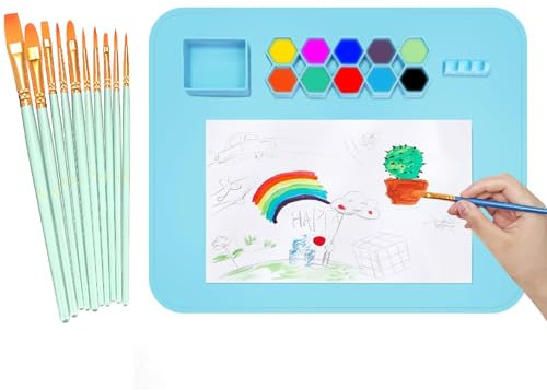 Silikon Malunterlage mit Malstiften, 50x40cm große Wiederverwendbare Malmatte Malunterlage Schule Abwaschbar Bastelunterlage Abwaschbar für Basteln, Malen, DIY-Projekte Schneiden, Kunst, Ton