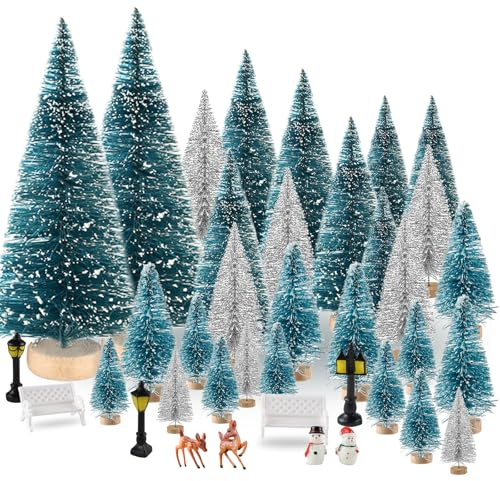 BOUBONI Mini Christmas Tree 35PCS Christmas Village Sets with Christmas Crafts Reindeer Snowmen Benches Street Lamp for Xmas Decorations Indoor Party Home Table Craft (Dark Green, Silver)