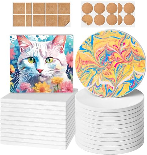 Ceramic Tiles for Crafts, GOH DODD 24 Pack Unglazed Blank Coasters White Tiles with 24 Cork Backings for Alcohol Ink, Painting, Acrylic Pouring, DIY, Art Projects, Housewarming Gifts Wedding, 4 Inch