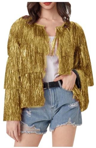 Rrongwn Lentejuelas Top Mujer Hiphop Manga Larga Chaqueta con Flecos 60 70 Años Ropa Exterior Lentejuelas Manga Larga Abrir Frente Chaquetas Con Borlas Blazer Clubwear, dorado, XL