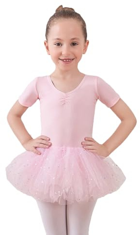BOMKDRL Tutu-klänning för flickor med glänsande tyll korsad rygg kortärmad dans trikåer, Rosa, 110