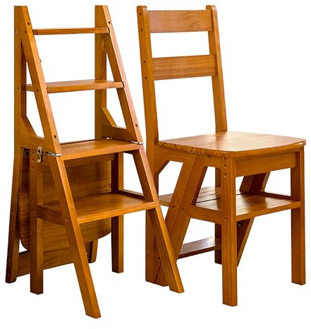 Escalera de 4 peldaños, plegable, 2 en 1, escalera y silla, plegable de madera, hasta 180 kg, adecuada para cocina, hogar, bibliotecas (color miel)
