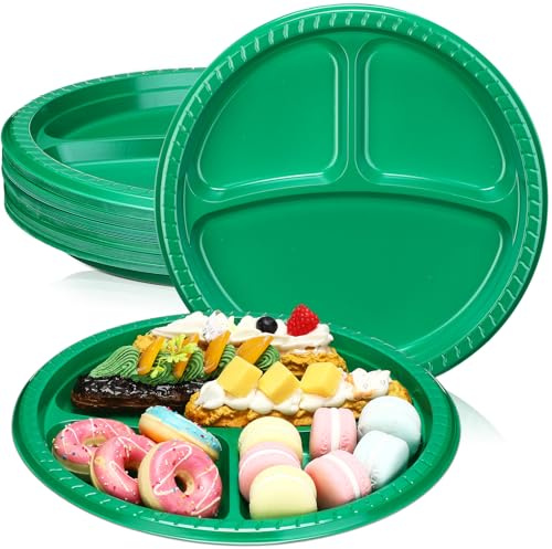 Teenyyou 50 Pcs 10 Inch Plastic 3 Compartment Divided Plates Heavy Disposable Plates Duty Round Dinner Plates with Dividers for Wedding Birthday Party Dinnerware(Green)
