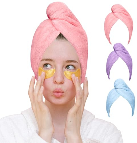 Good Nite 3 Stück Mikrofaser Haarturban mit Knopf Super Saugfähiges Haarhandtuch für Damen - Schnell Trocknendes Turban Handtuch aus Mikrofaser
