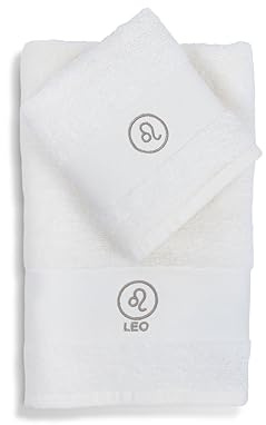 zer0bed Zodiac - Juego de 2 Toallas de baño con diseño de Signo del Zodiaco, Toalla de Cara, Toalla de Invitados y bidé, 100% algodón, Color Liso con Bordado, león
