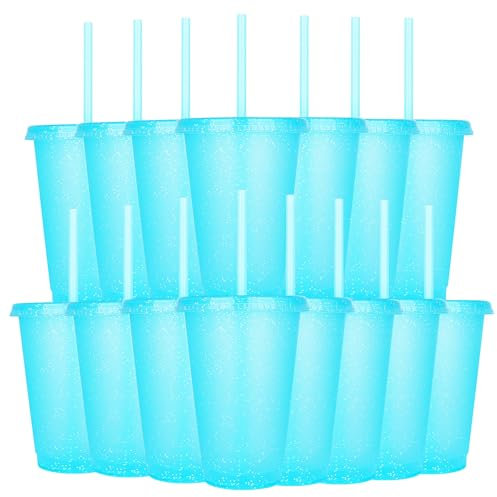 Yisituo Lot de 15 gobelets pour enfants, avec couvercles et paille, en plastique, pour les fêtes, le camping, les voyages (15, bleu clair)