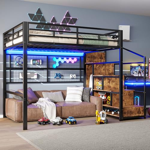 Kebnor Cama alta, 140 x 200 cm, marco de hierro, armario, escalera de almacenamiento, rejilla para colgar objetos, espacio libre debajo de la cama, negro (sin colchón)
