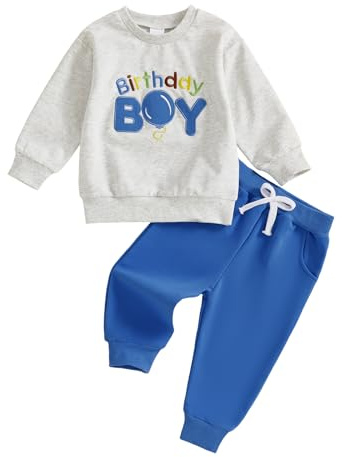 Haomibacu Little Kids Boy Birthday Balloon Embroidery Clothes Set Long Sleeves Sweatshirt Solid Drawstring Pocket Pant Set Fall 2 Pieces Outfits (Blue, 12-18 Months)