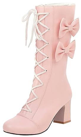 2026 Botines Mujer 2023 Invierno Mujeres Coreanas Rosado Bowknot Chunky Talón Alto Tacón Medio Pantorrilla Botas de Estudiante, Rosa., 37 EU