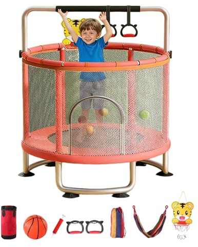 Trampolino per Bambini con Sbarra Regolabile,Trampolino da Interno 5 Piedi con Rete di Sicurezza, Attrezzi Ginnici, Regalo per Bambini 1+, Portata Max 200kg (Blu) (Rosso)