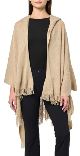 Calvin Klein Women's Solid Cozy Ruana Hooded Shawl, Heathered Almond, One Size