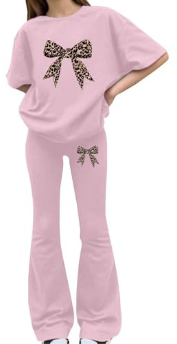 Girls Tracksuit Set Leopard Bow Print Short Sleeve Top & Flared Trousers Kids Teen 2 Piece Summer Co-ord Casual Outdoor School Holiday Active Sportswear
