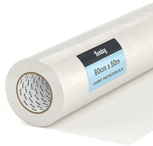 Carpet Protector Roll - Self Adhesive Carpet Protection Film - 50m x 60cm Sticky Clear Plastic Carpet Stair Hard Floor Cover - Heavy Duty Puncture Resistant & Waterproof Protective Floor Covering