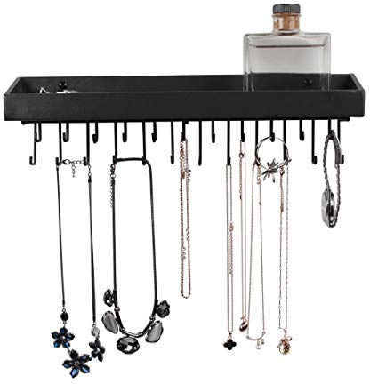 J JACKCUBE DESIGN Jewelry Organizer Necklace Holder with 23 Hooks, Wall Mounted Necklaces Bracelet Earrings Ring Holder Hanger with Shelf (Black, 14.37 x 2.95 x 3.86 inches) - MK208A