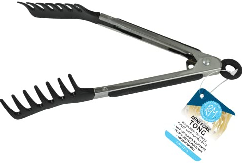 R&M Mini Fork Tongs 8 Black – Nylon Serving Tongs with Locking Handle for Salads, Meats & Nonstick Cookware