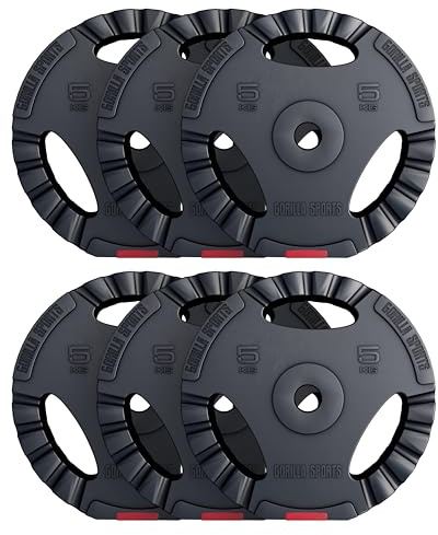 GORILLA SPORTS® - Juego de discos de pesas de plástico con agarres (6 x 5 kg)