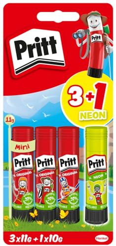 Pritt Klebestift Design-Motiv Set, sicherer und kinderfreundlicher Kleber für Kunst und Bastelarbeiten, starker Klebstoff für die Schule, 3x11g original und 1 x 10g bunter Pritt Stift, 9H PBS4B