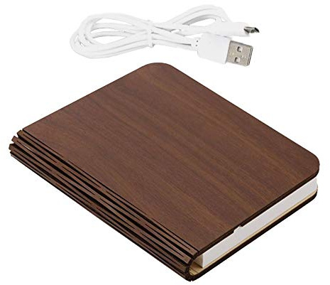 Monsterzeug Lámpara de libro de madera en color marrón, lámpara LED de ambiente en forma de libro con páginas de papel, luz nocturna plegable con puerto USB y 3 modos de iluminación