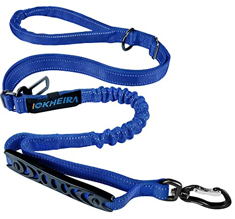 IOKHEIRA Multifunctional Dog Leash for Large & Medium Dogs, Adjustable with Car Seatbelt, 4-6 FT Strong Bungee (Blue)