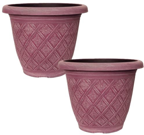 Fyne-Finds Set of 2 Round 33cm Garden Plant Pot Woven Flower Outdoor Deco Planter Frost Proof, Weatherproof, Drainage Hole (Pink)