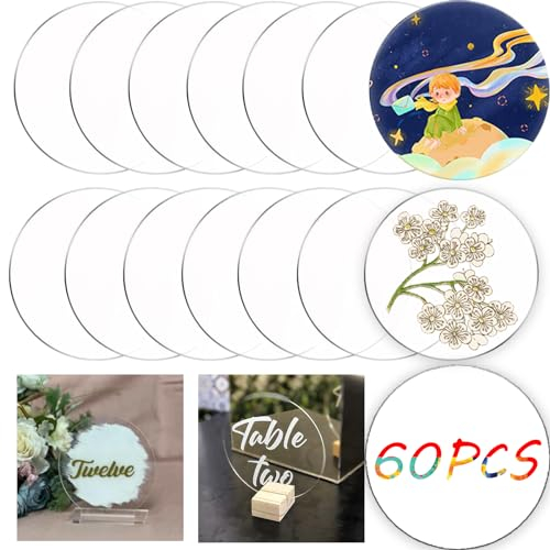 Lerodite 60 Stück Klare Acrylplatten, 10 x 10 cm Acrylscheibe Rund, 1 mm dicke transparente Plexiglas Rund für Malerei, DIY Bastelanzeige Display
