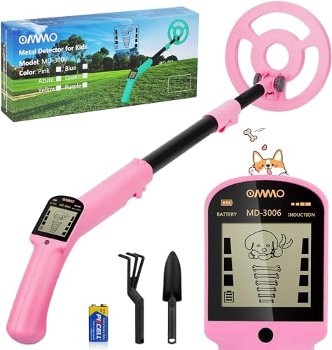 OMMO Metal Detector Kids, Adjustable Stem18.3''-37.8'' Gold Detector with LCD Display, Lightweight Kids Metal Detector with 6'' Waterproof Coil, Metal Detectors for Beginners, Shovel, Rake, Pink