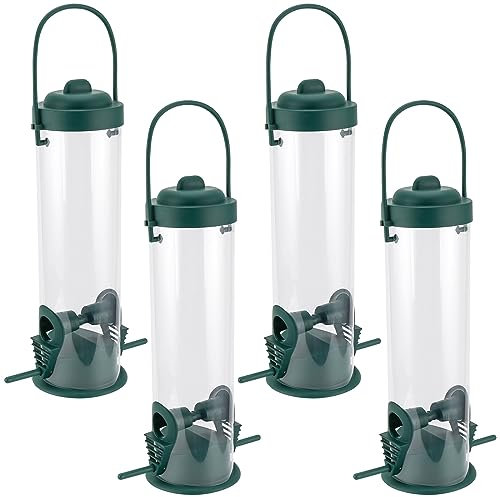 FUNSUEI 4 PCS 29 x 14cm Plastic Tube Bird Feeder, Bird Seed Feeders Hanging, Wild Bird Feeders Hanging with 2 Vents and 2 Ports Dark Green Plastic Hanging Bird Feeder for Garden, Outdoor