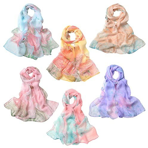 Aewob 6-pack chiffonghalsdukar för kvinnor lätta modehalsdukar för kvinnor sommarsjal varp blommig huvudscarf, färg1, one size