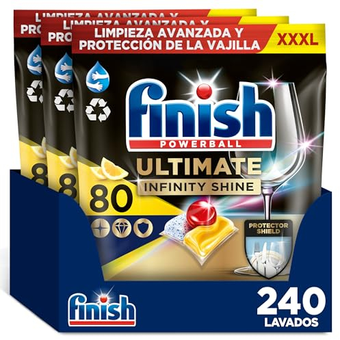Finish Powerball Ultimate Infinity Shine pastillas lavavajillas, 240 cápsulas lavavajillas, Limpieza avanzada y protección de la vajilla, Aroma limón (3 x 80pastillas)