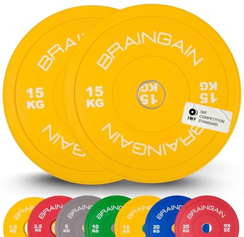 BRAINGAIN Olympic COLOURED Bumper Plates PAIR 15kg (2x 15kg), 2 Solid Rubber Weight Plates for Barbell Strength Training and Weight Lifting