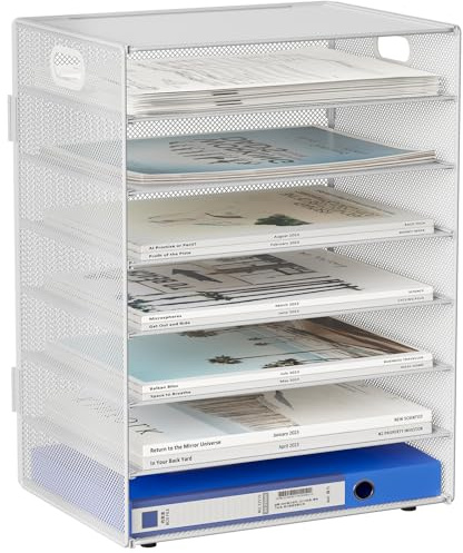 EasyPAG 7 Compartimentos Metal Malla A4 Bandeja Archivador Organizador Papeles Soporte Documentos Clasificador Correo Almacenamiento Escritorio Estante Carta,Blanco