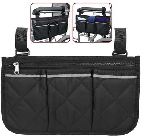 Rollstuhl-Seitentasche mit Getränkehalter, ONEVER Armlehnenzubehör, Rollstuhl-Armlehnentasche Zubehör mit reflektierenden Streifen, wasserdichte Stoff-Armlehnentasche für Rollstuhl, Rollator, Rollator