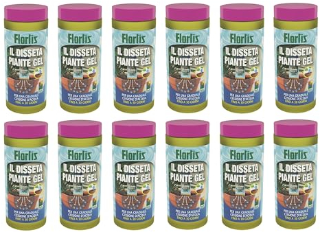 Flortis Disseta Piante Gel. Gel irrigazione Piante. Palline Acqua Gel per Piante. Riserva Acqua per Piante in Vaso e Fiori. Gel per Piante Vacanza. Interno ed Esterno Rilascio graduale (12 flaconi)