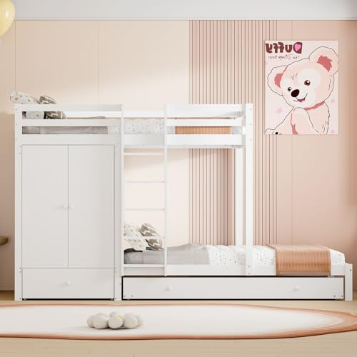 KOMHTOM Lit Blanc lit superposé 90x200 avec Un lit gigogne 90x190 Lit en Bois Massif avec Armoire Tiroirs et étagères, lit Moderne Minimaliste avec Rangement (Blanc)