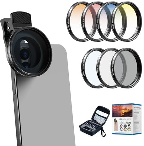 APEXEL Kit de Lentes de Filtro para cámara de teléfono móvil de 52 mm 7 en 1, 4 Tipos de filtros de gradiente, CPL, ND32, Filtro de Estrella, Adecuado para cámaras de 52 mm y Varios teléfonos móviles