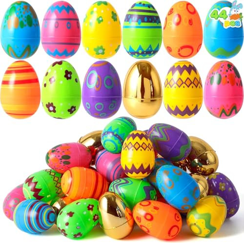 JOYIN 18 huevos de Pascua impresos, incluye 8 huevos de oro, huevos de plástico de 3 pulgadas, huevos vacíos rellenables para la búsqueda de huevos de Pascua, rellenos de cesta, regalo para niños