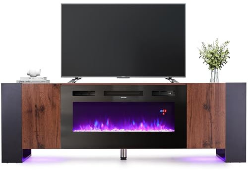 INMOZATA Electric Fire Insert TV Stand, Entertainment Center Console Table with 36 Fireplace, for 78 TV, with 12Colors Realistic Flame Effect & 12Colors Moon Lights, Overheat Protection, Woodgrain