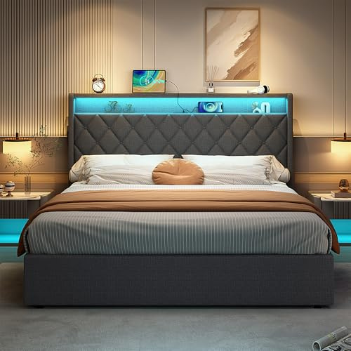 Jovify Upholstered Ottoman Bed, 4ft6 Double Bed Frame with Storage&LED&USB, Gas Lift Up Storage Bed Hydraulic Upholstered Bed with Button Tufted Storage Headboard&Slats, Linen, No Mattress, Grey