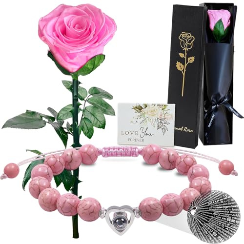 Eternal Pink Rose,Single Preserved Rose with Stem,Forever Rosebox,Real Infinity Bouquet of Flowers for Mother's Day Valentine's Day Christmas Thanksgiving Mother Wife Girlfriend Wedding Anniversary
